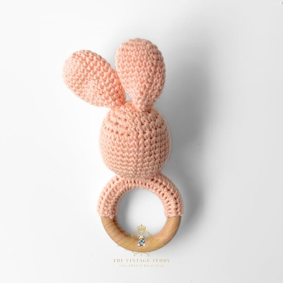 NWT Cute Handmade Crochet Bunny Baby Rattle Baby & Toddler Wooden Plush Toys - Picture 2 of 3